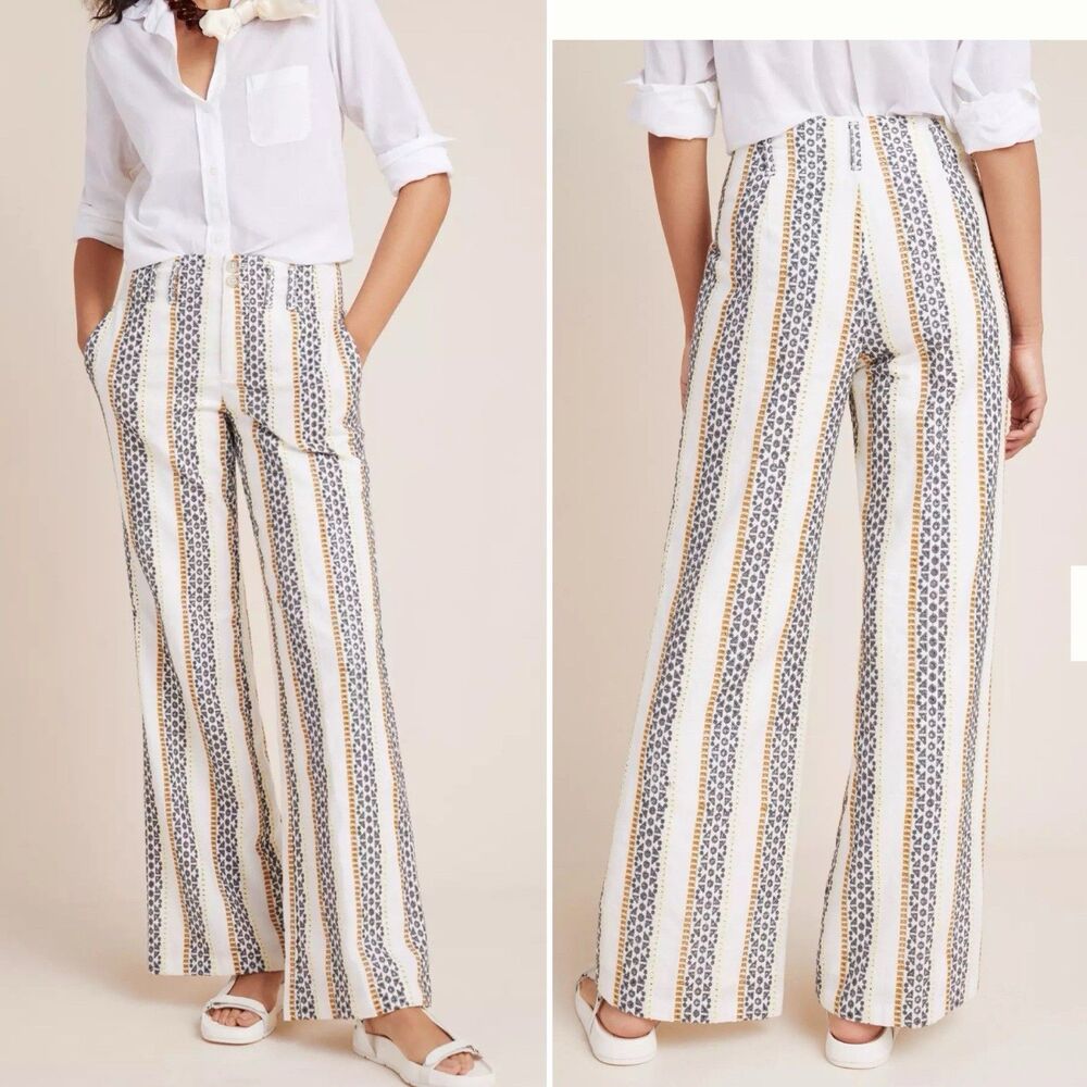 Anthropologie Eyelet Pants 8 Linen Cotton Striped Wide Leg Trousers Boho White - Picture 8 of 8